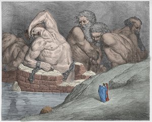 Inferno, Gesang 31: Ephialtes in Fesseln unter den Riesen (Illustration aus Die Göttliche Komödie von Dante Alighieri, 1885)